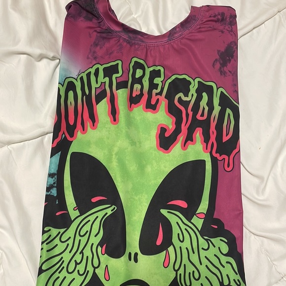 Dont Be Sad Be Rad Crying Alien Head Double Sided Tie Dye Unisex M/L Stretch Top - Picture 7 of 8